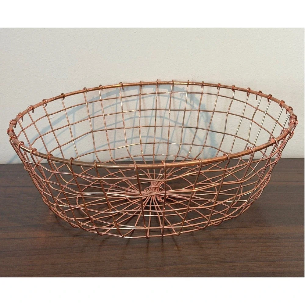 Handmade Round Copper Wire Basket Minimalist Metal Bowl Decorative Storage 11.75